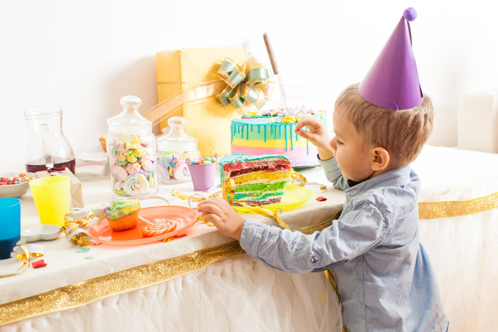 Children engaged in various art and craft activities at a birthday party in Abu Dhabi, with themed decorations and creative projects.